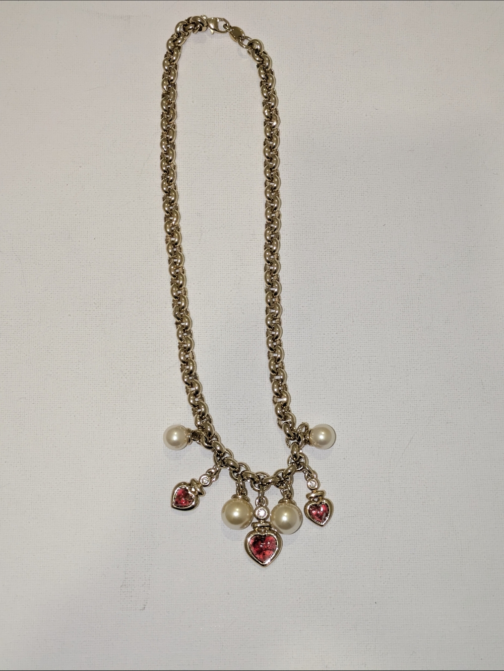 Vintag Gold Plated Chain Charm Necklace with Pink Heart Crystals and Pearl Drops